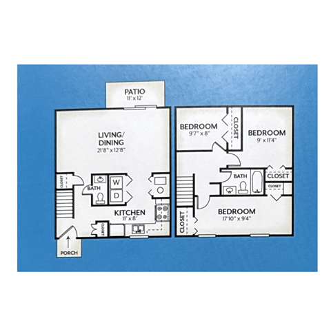 A blueprint of a house with a living room, dining room, kitchen, and three bedrooms.